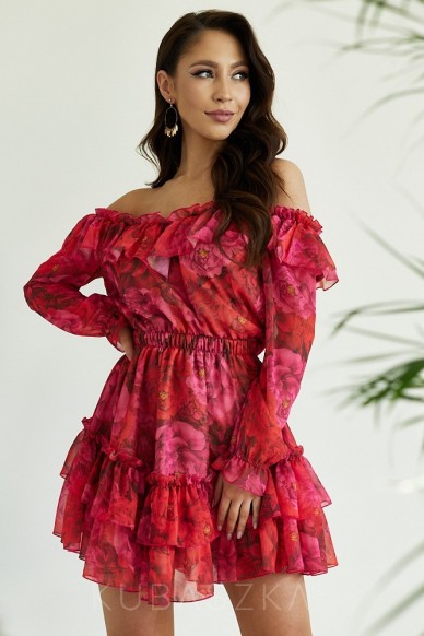 Sukienka Mira - print kwiaty różowe