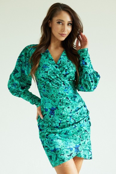 Sukienka Justyna - print zielone i niebieskie kwiaty