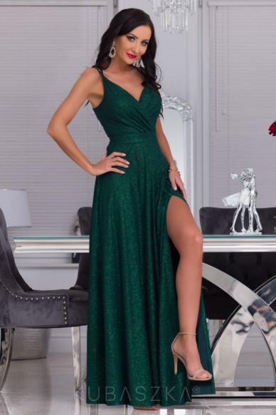 Sukienka Parisse maxi na cienkich ramiączkach - butelkowa zieleń z poświatą
