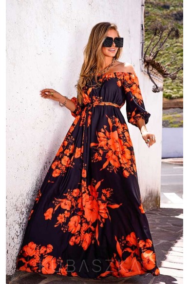 Sukienka Ingrid maxi - print pomarańcz kwiaty