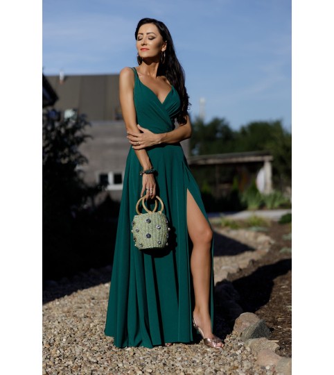 Długa sukienka Parisse- butelkowa zieleń gładka