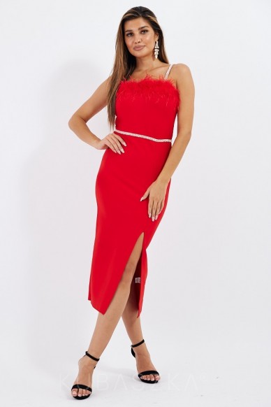 Sukienka Fency bandażowa z piórami - czerwień