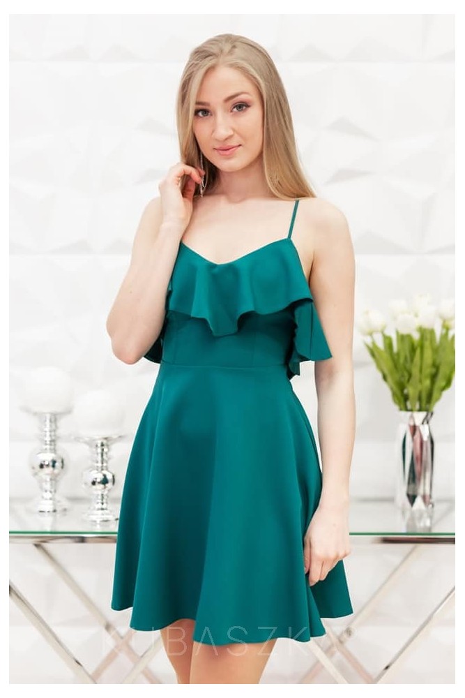 Sukienka z plecionymi ramiączkami i falbanką Nikola- butelkowa zieleń