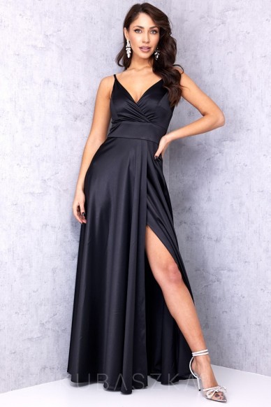 Sukienka Kim - satyna szeroki pas czarna