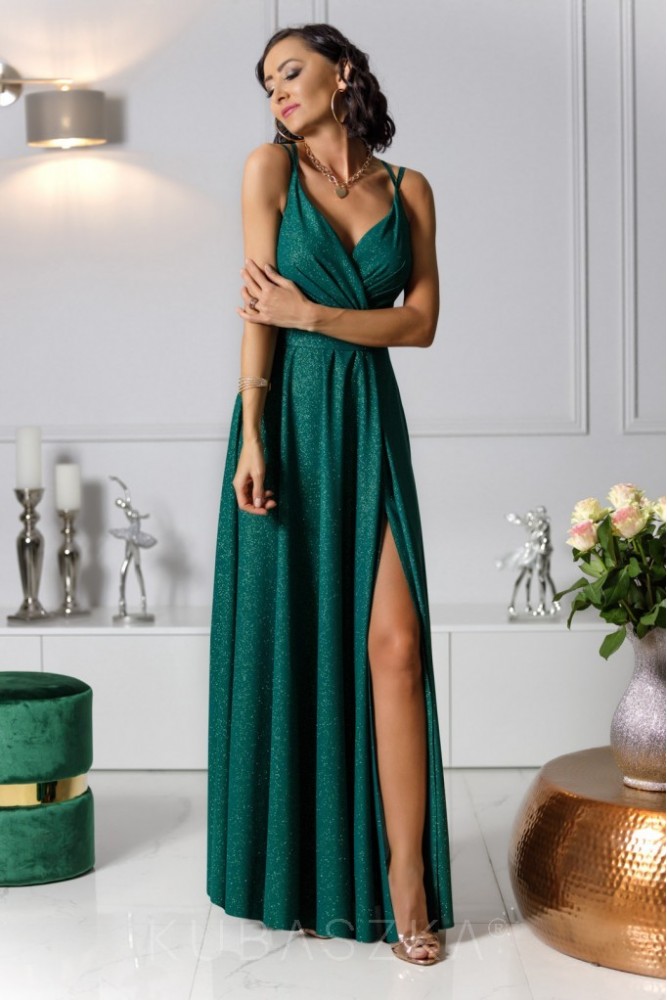 Długa sukienka Parisse - butelkowa zieleń z poświatą